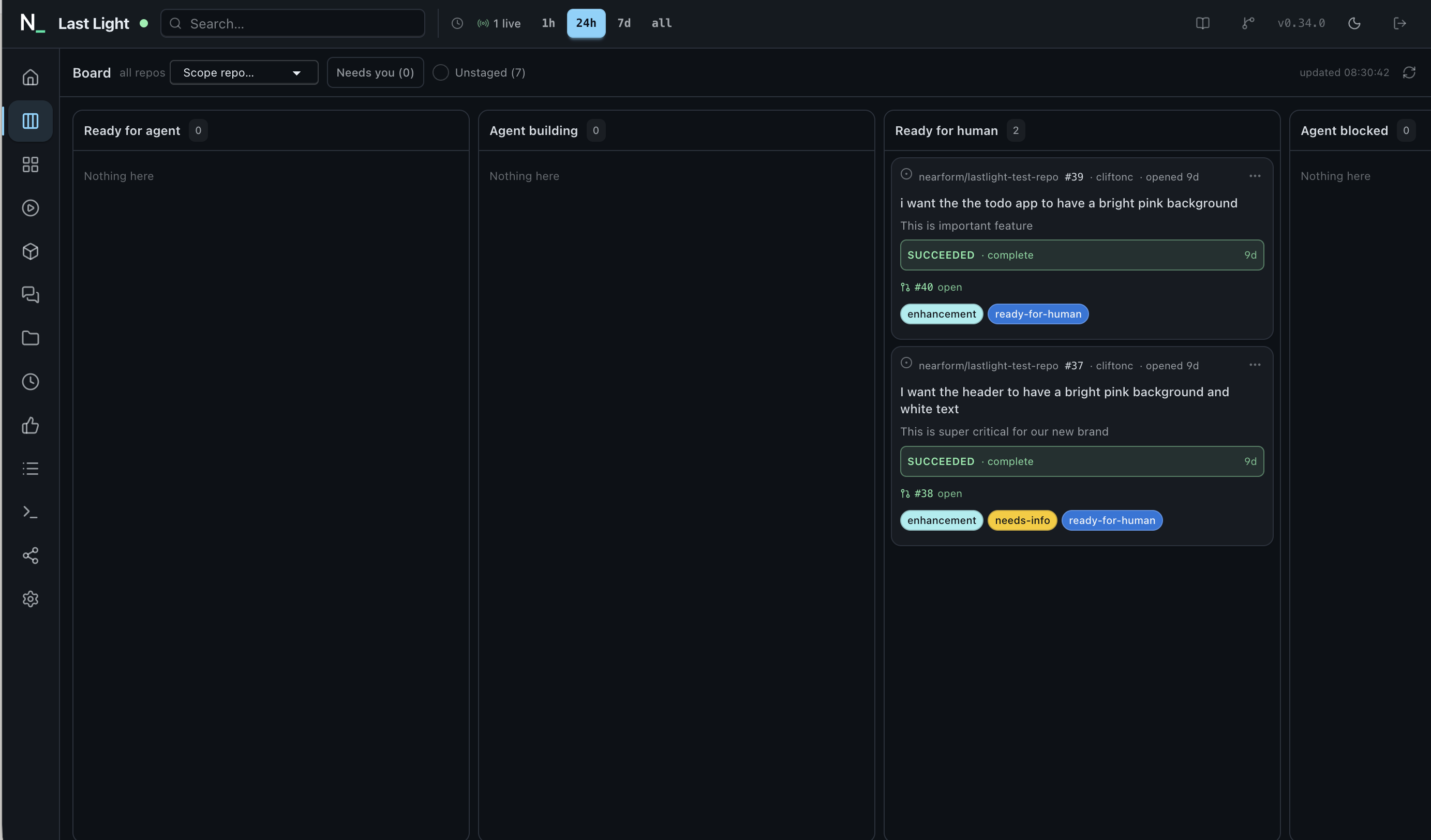 Last Light Board tab: the autonomous pipeline as four columns (Ready for agent, Agent building, Ready for human, Agent blocked) with issue cards showing their build status, linked pull requests and labels